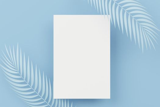 3d render top view of white blank frame for mock up and display products with Blue white pastel scene. Creative idea concept.