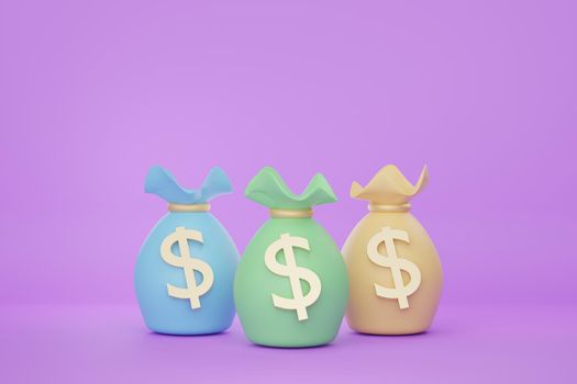3d render of minimal money bag or coins purse that keeping coins and gold on purple background.