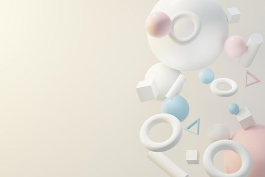 3d render of pastel ball, soaps bubbles, blobs that floating on the air isolated on pastel background. Abstract scene.