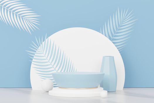 3d render of abstract pedestal podium display with Tropical leaves and Blue pastel plant scene. Product and promotion concept for advertising. Blue pastel natural background.