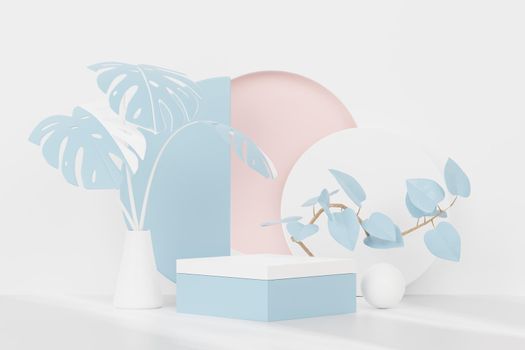 3d render of abstract pedestal podium display with Tropical leaves and Blue pastel plant scene. Product and promotion concept for advertising. Blue pastel natural background.