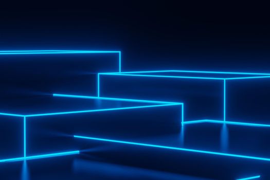 3d render of RGB neon light on darkness background. Abstract Laser lines show at night. Ultraviolet spectrum beam scene for mock up and web banner.