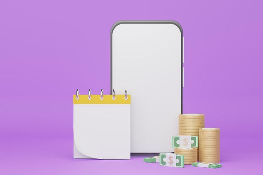 3d render stack of money and calendar with smartphone for mockup.