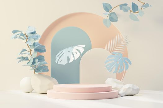 3d render of abstract pedestal podium display with Tropical leaves and Blue pastel plant scene. Product and promotion concept for advertising. Blue pastel natural background.