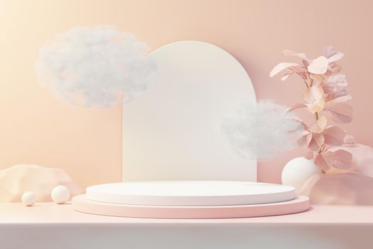 3d render of abstract pedestal podium display with Tropical leaves and coral pink pastel plant scene. Product and promotion concept for advertising. Blue pastel natural background.