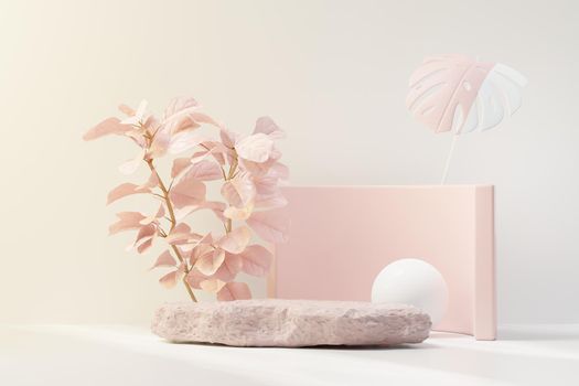 3d render of abstract pedestal podium display with Tropical leaves and coral pink pastel plant scene. Product and promotion concept for advertising. Blue pastel natural background.