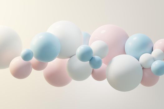 3d render of pastel ball, soaps bubbles, blobs that floating on the air isolated on pastel background. Abstract scene.