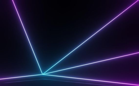 3d render of RGB neon light on darkness background. Abstract Laser lines show at night. Ultraviolet spectrum beam scene for mock up and web banner.