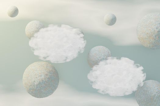 3d render of pastel ball, soaps bubbles, blobs that floating on the air isolated on pastel background. Abstract scene.