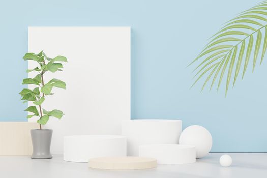 3d render of abstract pedestal podium display with Tropical leaves and Blue pastel plant scene. Product and promotion concept for advertising. Blue pastel natural background.