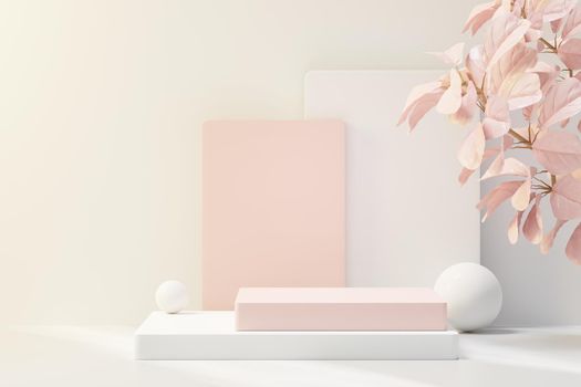 3d render of abstract pedestal podium display with Tropical leaves and coral pink pastel plant scene. Product and promotion concept for advertising. Blue pastel natural background.