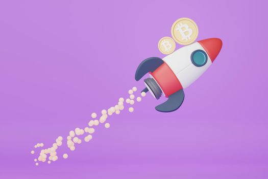 3d render of rocket that holding bitcoin to the moon on purple background.