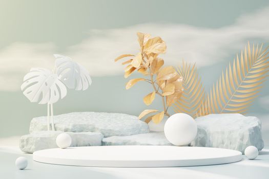 3d render of abstract pedestal podium display with Tropical leaves and Blue sky clouds pastel and plant scene. Product and promotion concept for advertising. Blue pastel natural background.