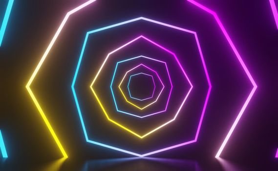 3d render of RGB neon light on darkness background. Abstract Laser lines show at night. Ultraviolet spectrum beam scene for mock up and web banner.