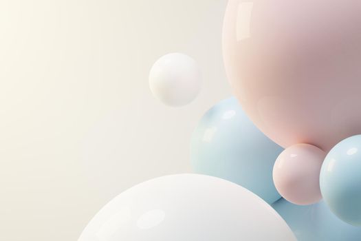 3d render of pastel ball, soaps bubbles, blobs that floating on the air isolated on pastel background. Abstract scene.