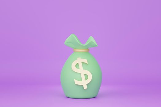 3d render of minimal money bag or coins purse that keeping coins and gold on purple background.