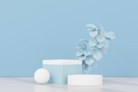 3d render of abstract pedestal podium display with Tropical leaves and Blue pastel plant scene. Product and promotion concept for advertising. Blue pastel natural background.