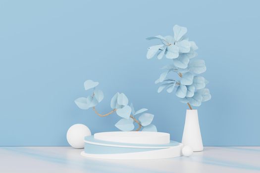 3d render of abstract pedestal podium display with Tropical leaves and Blue pastel plant scene. Product and promotion concept for advertising. Blue pastel natural background.