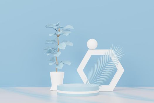 3d render of abstract pedestal podium display with Tropical leaves and Blue pastel plant scene. Product and promotion concept for advertising. Blue pastel natural background.