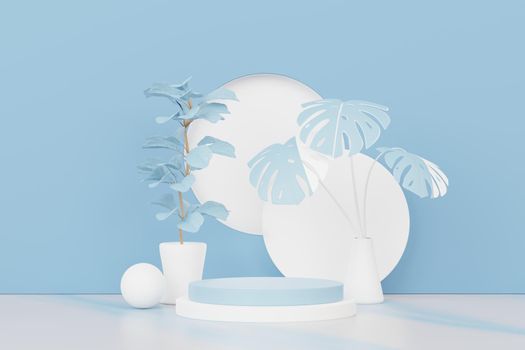 3d render of abstract pedestal podium display with Tropical leaves and Blue pastel plant scene. Product and promotion concept for advertising. Blue pastel natural background.