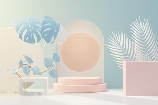 3d render of abstract pedestal podium display with Tropical leaves and Blue pastel plant scene. Product and promotion concept for advertising. Blue pastel natural background.