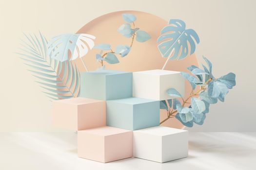 3d render of abstract pedestal podium display with Tropical leaves and Blue pastel plant scene. Product and promotion concept for advertising. Blue pastel natural background.