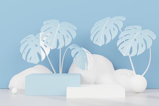 3d render of abstract pedestal podium display with Tropical leaves and Blue pastel plant scene. Product and promotion concept for advertising. Blue pastel natural background.