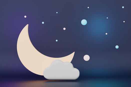 3d render cartoon moon and star floating on the air in night sky isolated on pastel background. Abstract scene.