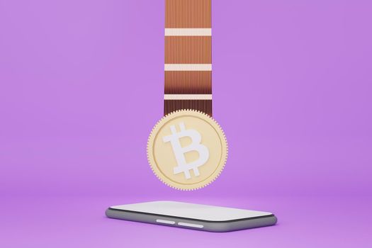 3d render of bitcoin that connect to other network with smartphone. Blockchain system connection concept.