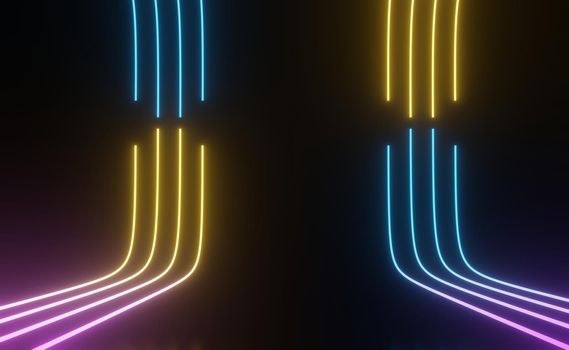 3d render of RGB neon light on darkness background. Abstract Laser lines show at night. Ultraviolet spectrum beam scene for mock up and web banner.