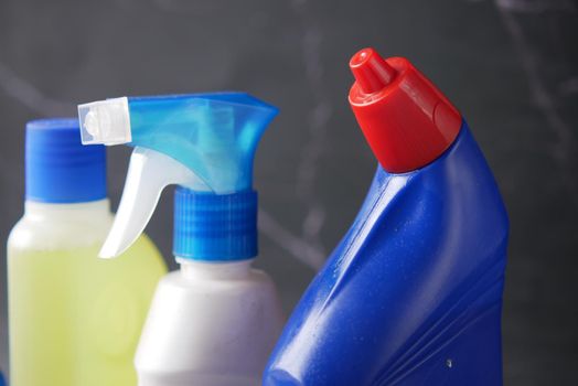 close up of cleaning bottle on table .