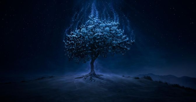Illustration of a shining mystical magic tree on the hilltop