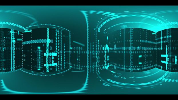 Panoramic view of data matrix code in 3d render volumetric futuristic design. Cyber columns with incoming information on servers with swirl of information processing and web lines of numbers.