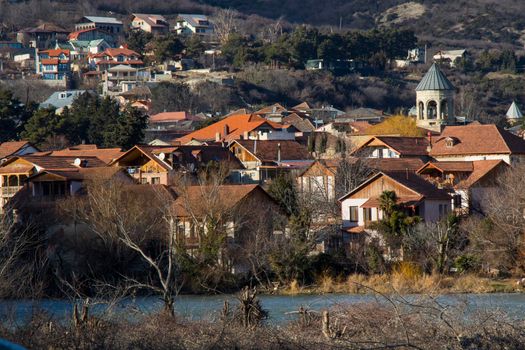 Mtskheta, Georgia - January 14, 2022: Old famous town in Georgia, Mtskheta. Old houses travel destination.