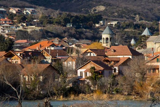 Mtskheta, Georgia - January 14, 2022: Old famous town in Georgia, Mtskheta. Old houses travel destination.