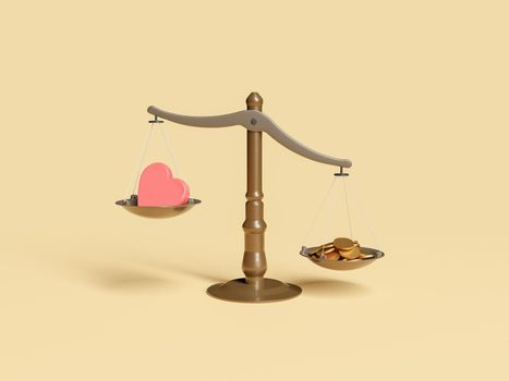 scale with a heart on the lighter side and coins on the heavier side. concept of economy, health, love and priorities. 3d rendering