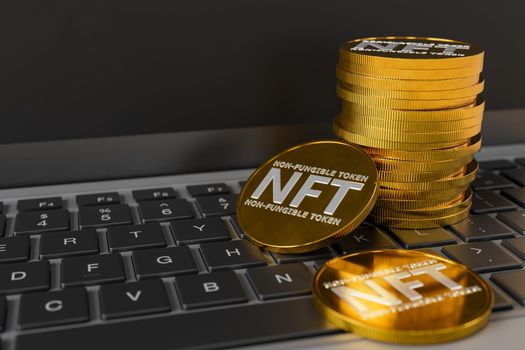 NFT coins stacked on top of a laptop keyboard with space for text. concept of digital art, investment, trading, metaverse, technology and cryptocurrencies. 3d rendering