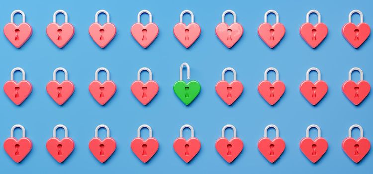 pattern of red heart padlocks and a green open one. concept of love and valentine's day. 3d rendering
