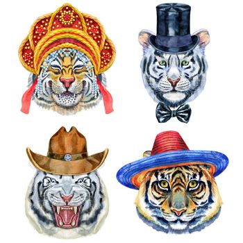 Watercolor illustration of tigers in a cowboy hat, sombrero, top hat and kokoshnik