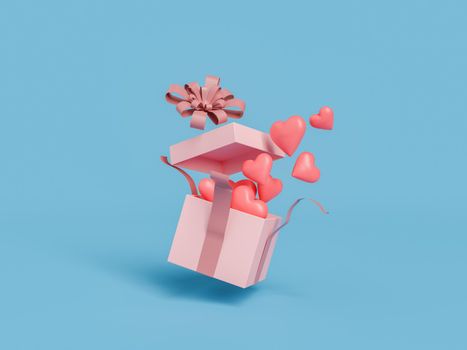 open gift box with hearts coming out of it. valentine's day, celebration, birthday and love concept. 3d rendering