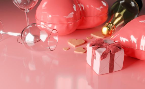 close up of a gift box with a velvet ribbon and glasses, champagne bottle and heart balloons. concept of valentine, celebration, marriage, dating, love and passion. 3d rendering