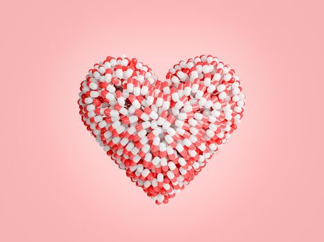 medicine capsules stacked in the shape of a heart. concept of health, love and addiction. 3d rendering