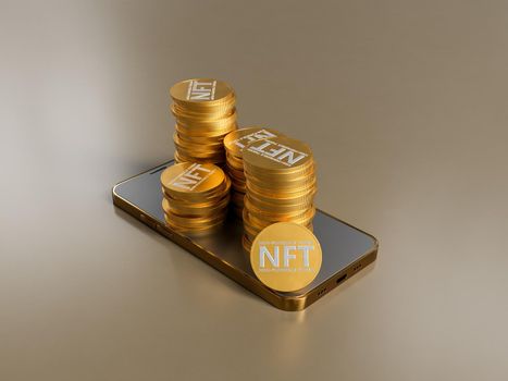 NFT coins stacked on top of a mobile phone screen. concept of digital art, investment, trading, metaverse, technology and cryptocurrencies. 3d rendering