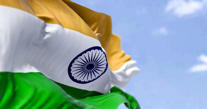 Detailed close up of the national flag of India waving in the wind on a clear day. Democracy and politics. South Asian country. Selective focus.