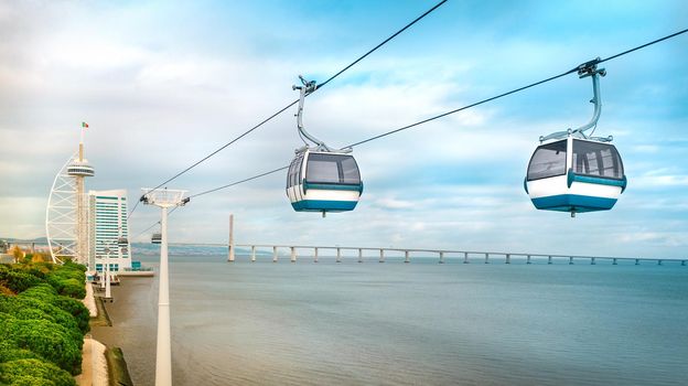 Aerial photo of cable car and Vasco da Gama tower. Sightseeing in Lisbon, Portugal. High quality photo