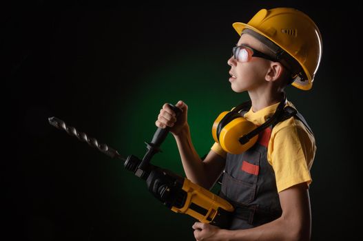 child the Builder costume posing with a work tool