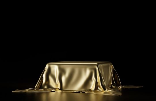 An empty pedestal covered with a golden cloth, 3D rendering illustration.