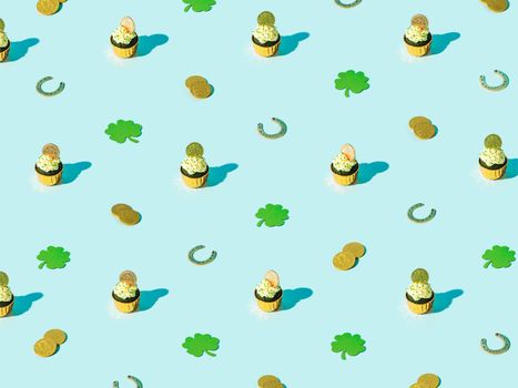 St Patrick's Day isometric patternt. Lucky symbols and sweet food for Saint Patrick's Day party concept. Green velvet cupckake, shamrock, golden coin and horseshoe on blue background
