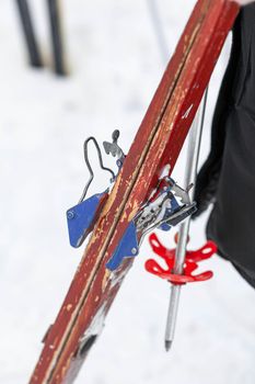Skis are stuck in the snow in winter. Active winter holidays in the mountains or in the forest on skis. Parking and rest.