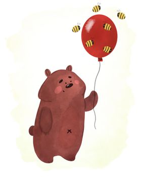 Cute bear with red balloon and bees, watercolor illustration.